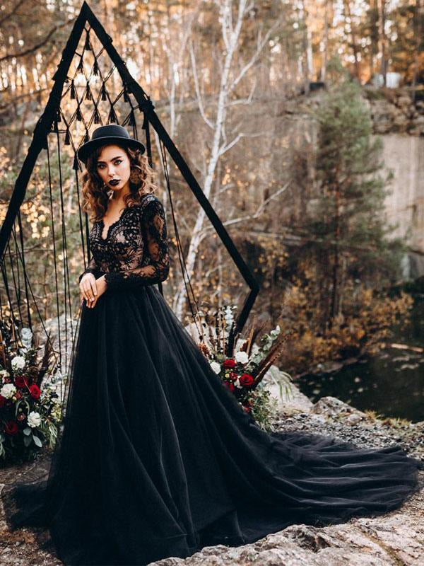 A-Line Designed Black Wedding Dresses Long Sleeves Tulle Lace Bridal Gown
