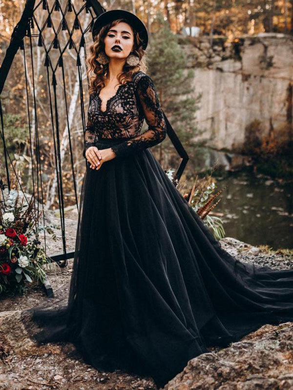 A-Line Designed Black Wedding Dresses Long Sleeves Tulle Lace Bridal Gown