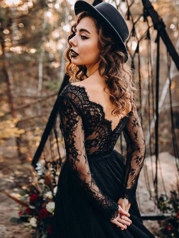 A-Line Designed Black Wedding Dresses Long Sleeves Tulle Lace Bridal Gown