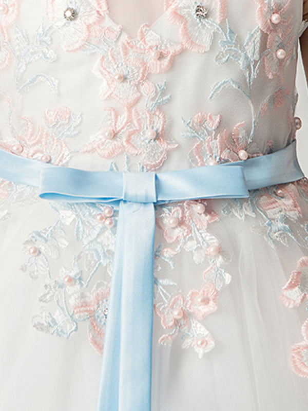A-line Embroidered Kids Party Dresses Flower Girl Dresses Jewel Neck Sleeveless