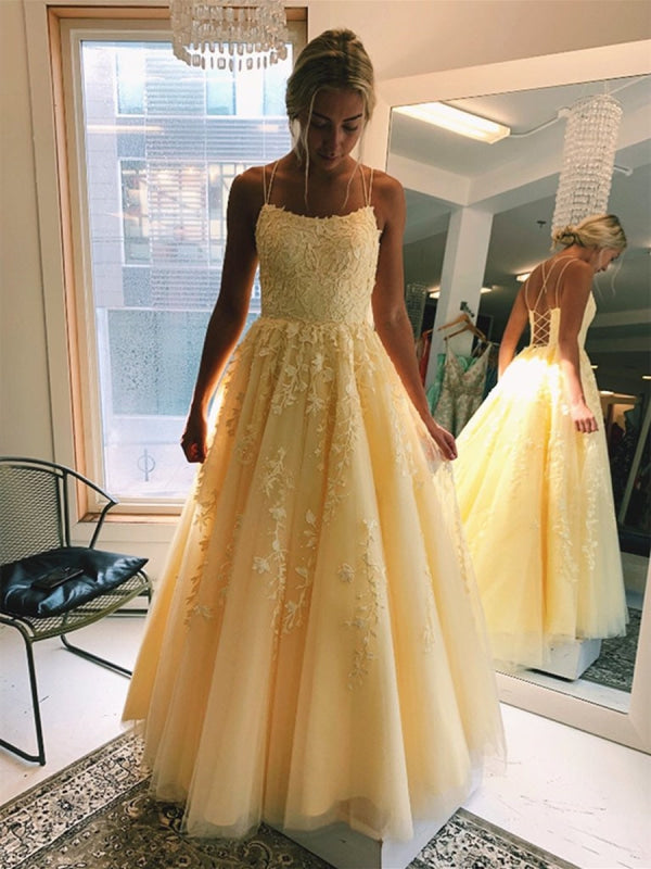 A Line Floor Length Long Formal Dress Yellow Lace Graduation Evening Dress