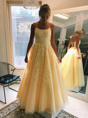 A Line Floor Length Long Formal Dress Yellow Lace Graduation Evening Dress