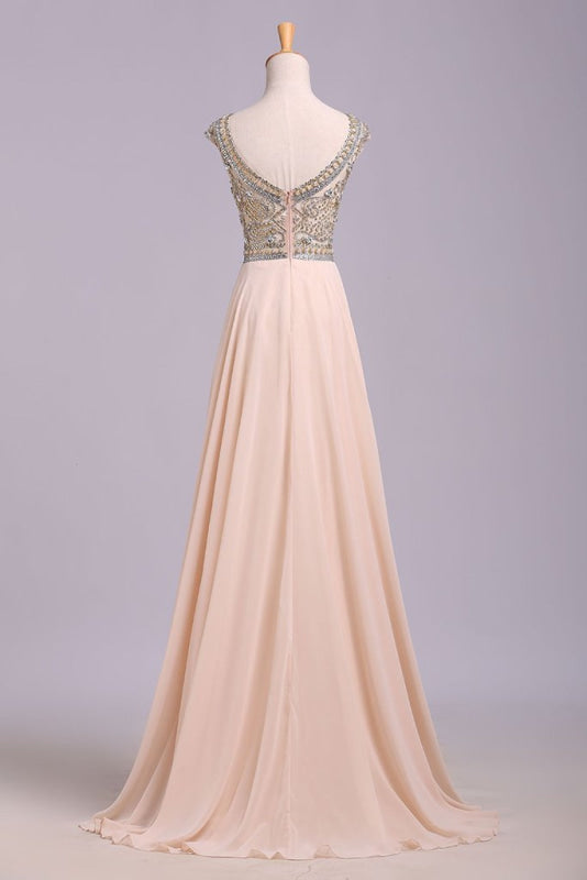 A Line Floor Length Scoop Chiffon Prom Dress Beading Long Evening Dresses