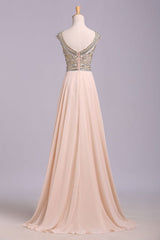 A Line Floor Length Scoop Chiffon Prom Dress Beading Long Evening Dresses