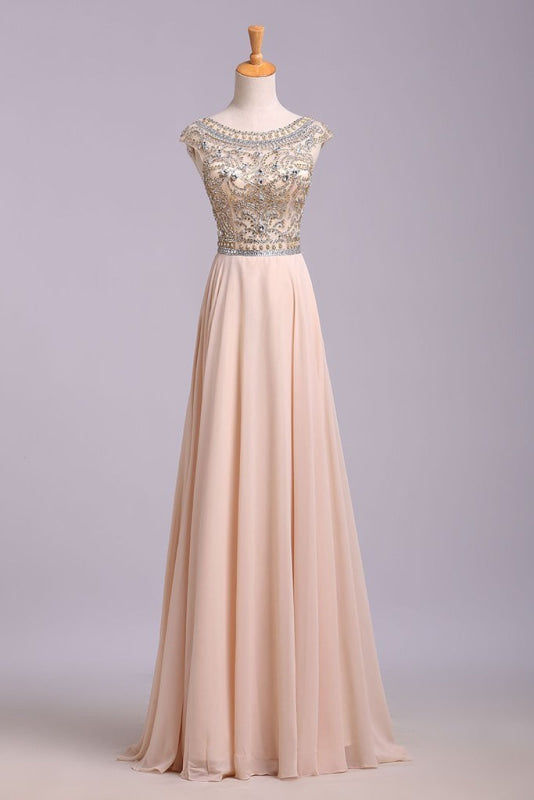 A Line Floor Length Scoop Chiffon Prom Dress Beading Long Evening Dresses