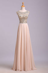 A Line Floor Length Scoop Chiffon Prom Dress Beading Long Evening Dresses