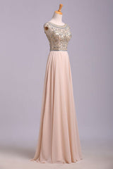 A Line Floor Length Scoop Chiffon Prom Dress Beading Long Evening Dresses