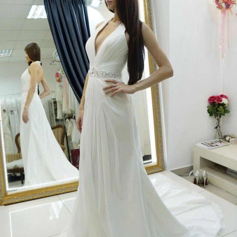 A-line Halter Chiffon Backless Court Train Beach Wedding Dress