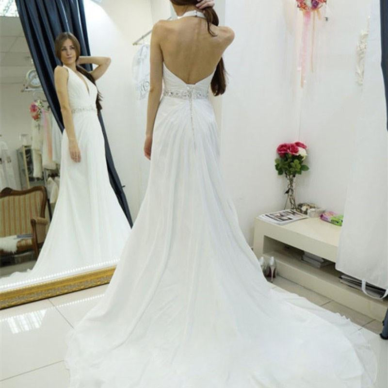 A-line Halter Chiffon Backless Court Train Beach Wedding Dress