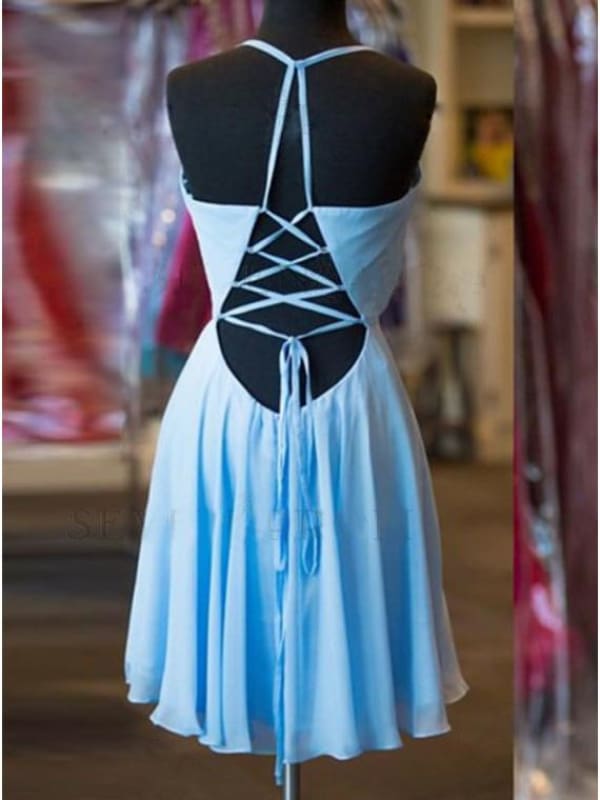 A-Line Halter Criss-Cross Straps Chiffon Homecoming with Pleats Short Blue Dress