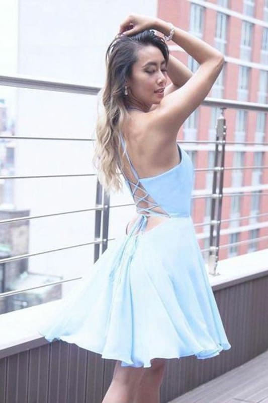A-Line Halter Criss-Cross Straps Chiffon Homecoming with Pleats Short Blue Dress