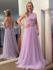 A Line Halter Neck Two Pieces Backless Lace Lavender Prom, Lavender Lace Formal, Two Pieces Lace Lavender Evening