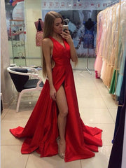 A-Line Halter Sleeveless Red Side Split Prom Dress