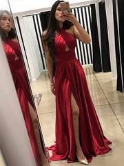 A-Line Halter Sleeveless Ruffles Satin Red Prom Dresses with Front Split