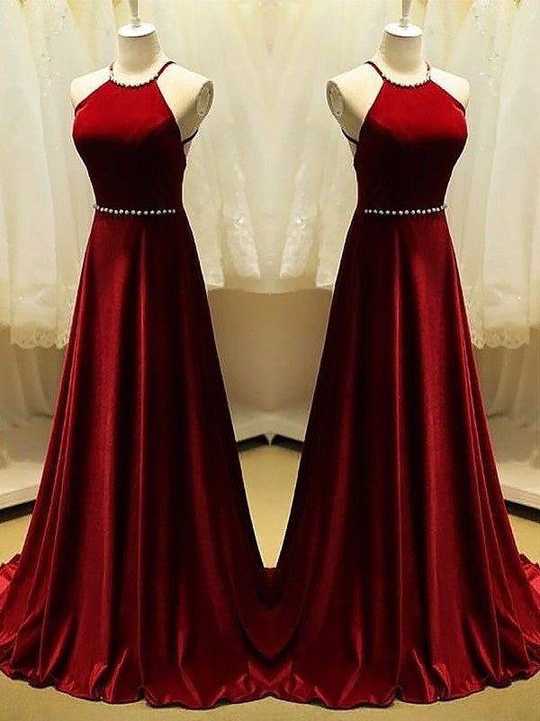 A-Line Halter Sleeveless Sweep/Brush Train With Beading Satin Dresses