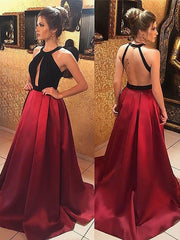 A-Line Halter Sleeveless Sweep/Brush Train With Ruffles Satin Dresses