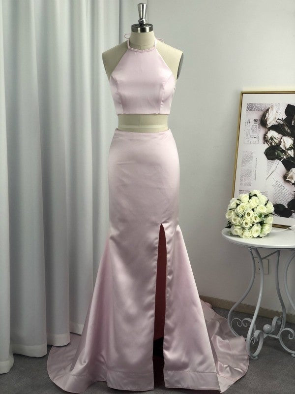 A-Line Halter Sleeveless Sweep/Brush Train With Ruffles Satin Two Piece Dresses