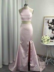 A-Line Halter Sleeveless Sweep/Brush Train With Ruffles Satin Two Piece Dresses