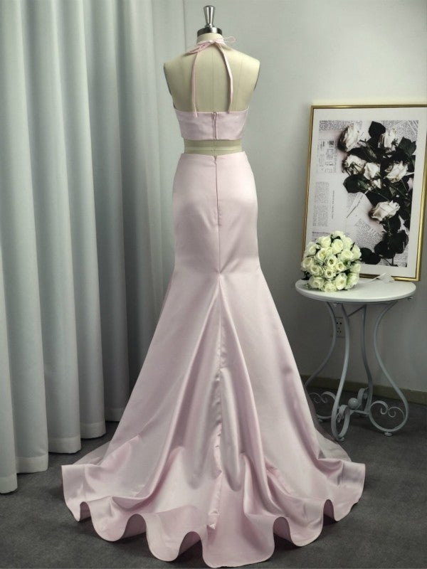 A-Line Halter Sleeveless Sweep/Brush Train With Ruffles Satin Two Piece Dresses