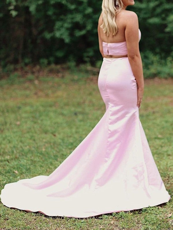 A-Line Halter Sleeveless Sweep/Brush Train With Ruffles Satin Two Piece Dresses