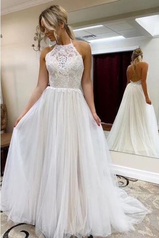 A Line Halter Tulle Lace Backless Beach Wedding Dress