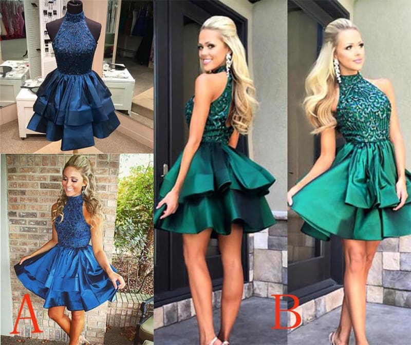 A-line High Neck Beaded Dark Blue Backless Homecoming Dress Short Prom Dresses