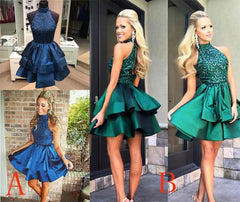 A-line High Neck Beaded Dark Blue Backless Homecoming Dress Short Prom Dresses