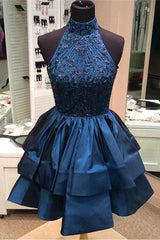 A-line High Neck Beaded Dark Blue Backless Homecoming Dress Short Prom Dresses