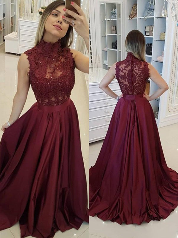 A Line High Neck Beading Burgundy Satin Long Prom Dress Lace Evening Dress