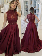A Line High Neck Beading Burgundy Satin Long Prom Dress Lace Evening Dress