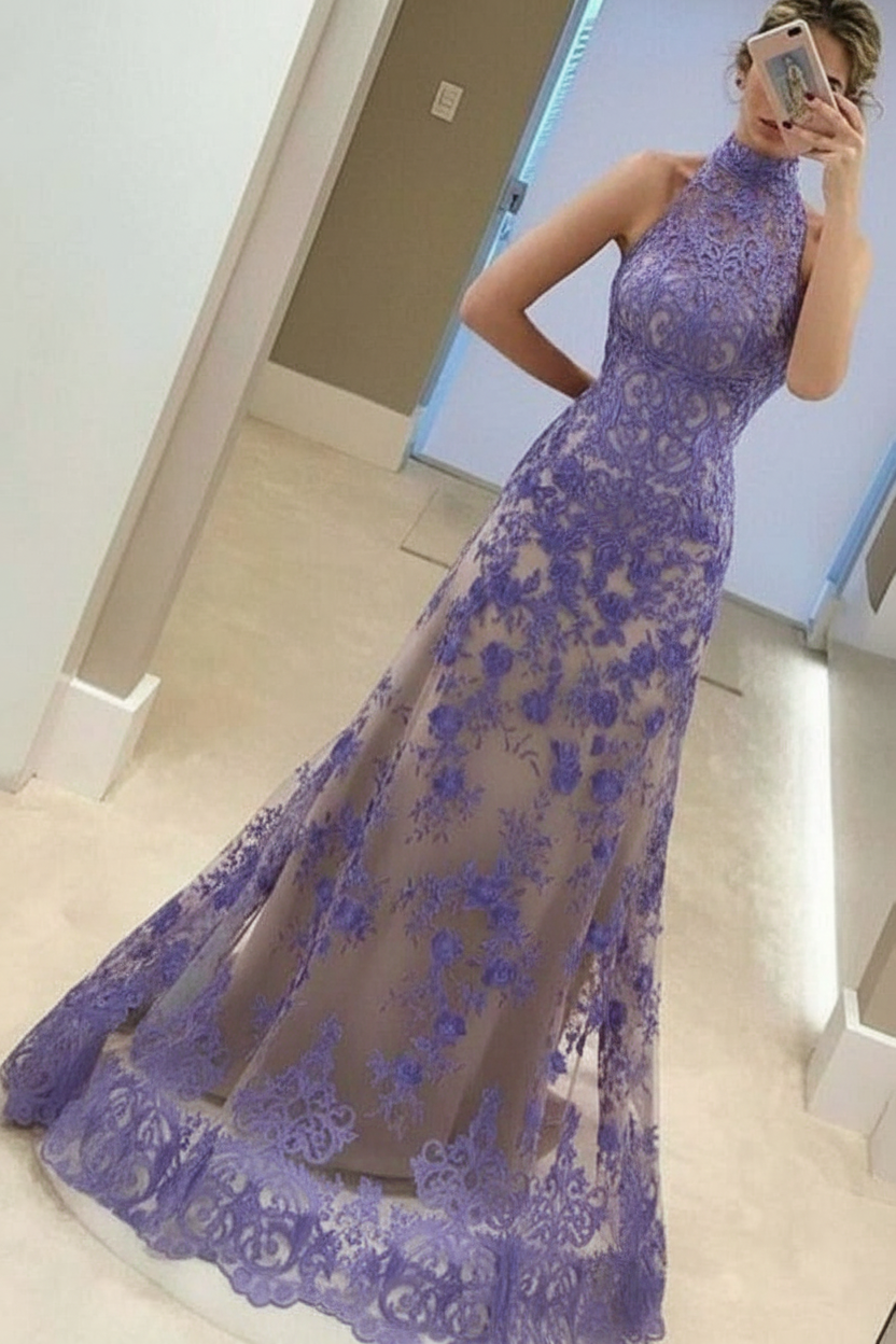 A-Line High Neck Sleeveless Floor-Length Red Lace Prom Dress