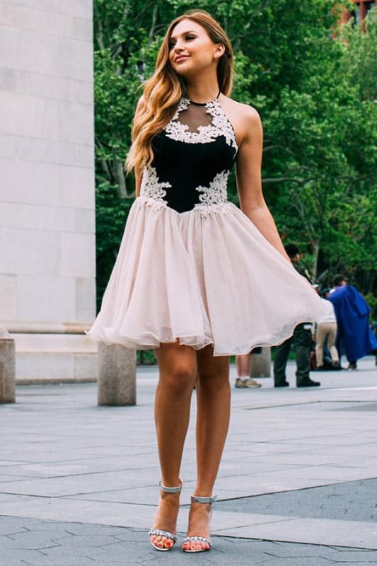 A-Line Jewel Pearl Pink Chiffon Homecoming Dress with Lace Mini Sweet 16 Dresses