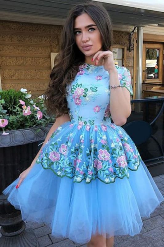 A-Line Jewel Short Sleeves Blue Tulle Homecoming Dress Short with Lace Flowers