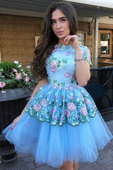 A-Line Jewel Short Sleeves Blue Tulle Homecoming Dress Short with Lace Flowers