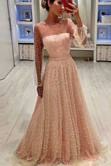 A-Line Jewel Sleeves Pearl Pink Long Prom Dress with Pearls Formal Dress