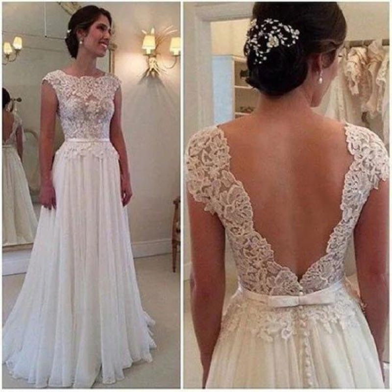 A-line Lace Appliqued Cap Sleeves Ivory Chiffon Long Beach Wedding Dress