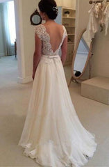 A-line Lace Appliqued Cap Sleeves Ivory Chiffon Long Beach Wedding Dress