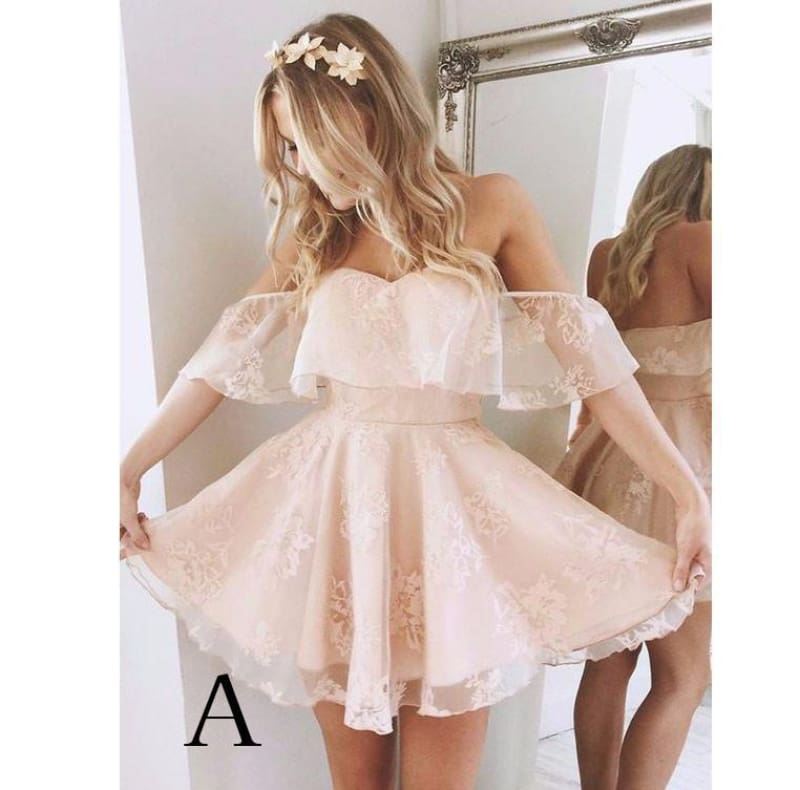 A-Line Lace Off-Shoulder Short Pearl Pink Homecoming Dress