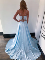 A Line Light Blue Lace Long Prom with High Slit, Light Blue Lace Formal Graduation Evening