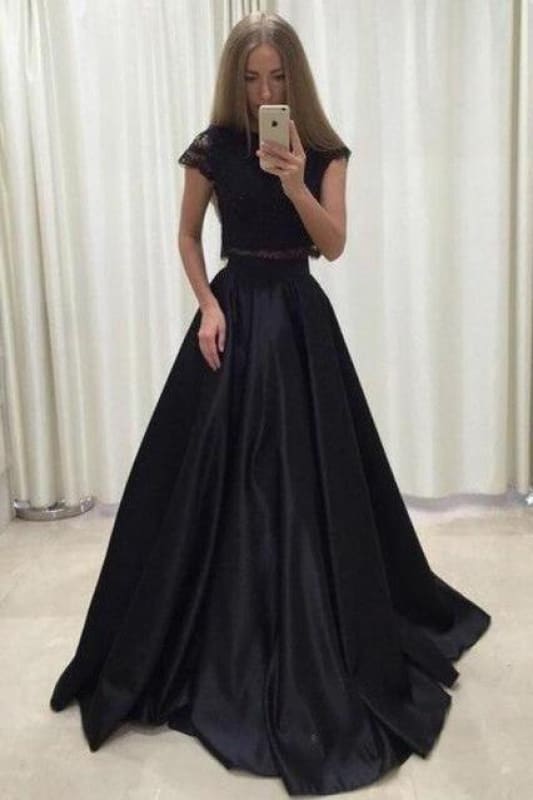 A-line Light Blue Two Piece Short Sleeves Round Neck Satin Prom Dress with Lace