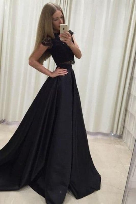 A-line Light Blue Two Piece Short Sleeves Round Neck Satin Prom Dress with Lace