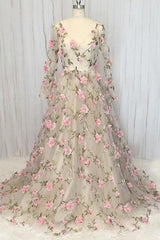 A Line Long Sleeve Formal Dress Prom Dress with Lace Flowers