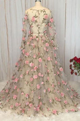 A Line Long Sleeve Formal Dress Prom Dress with Lace Flowers