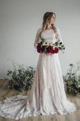 A Line Long Sleeve Lace Wedding Dress Vintage Rustic Bridal Gown