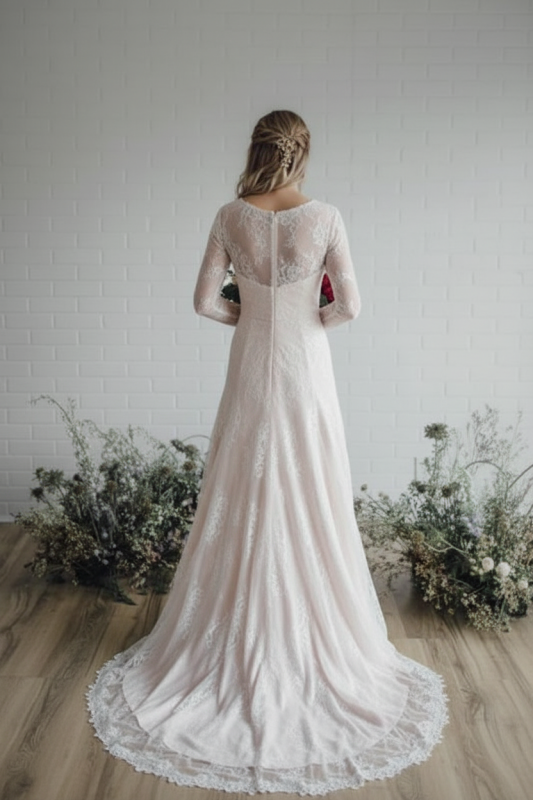A Line Long Sleeve Lace Wedding Dress Vintage Rustic Bridal Gown
