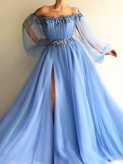A-Line Long Sleeves Off-the-Shoulder Tulle Beading Evening Dresses