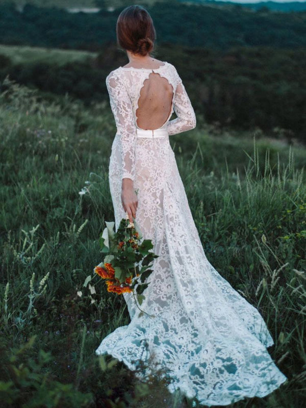 A-Line Long Sleeves V-Neck Ivory Lace Wedding Dress