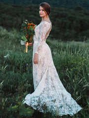 A-Line Long Sleeves V-Neck Ivory Lace Wedding Dress