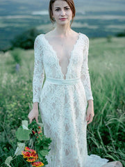 A-Line Long Sleeves V-Neck Ivory Lace Wedding Dress
