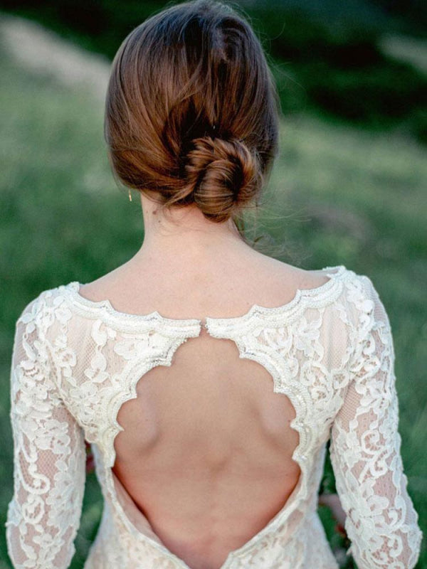 A-Line Long Sleeves V-Neck Ivory Lace Wedding Dress